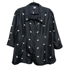 SILKS by I.S.C.‎ Black Silk Animal Embroidered Button Up Shirt Top Women's Large